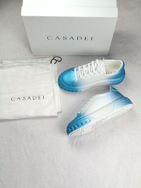 Casadei White Leather Blue Glitter Ombre Platform Sneakers New In Box Size 41 EU